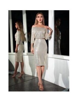 Sequin Off-Shoulder Cocktail Dress in Champagne
